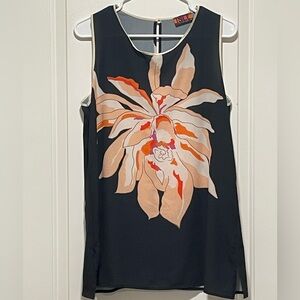 Isle by Melis Kozan Womens Size Medium Black Floral Sleeveless Blouse Cream Trim
